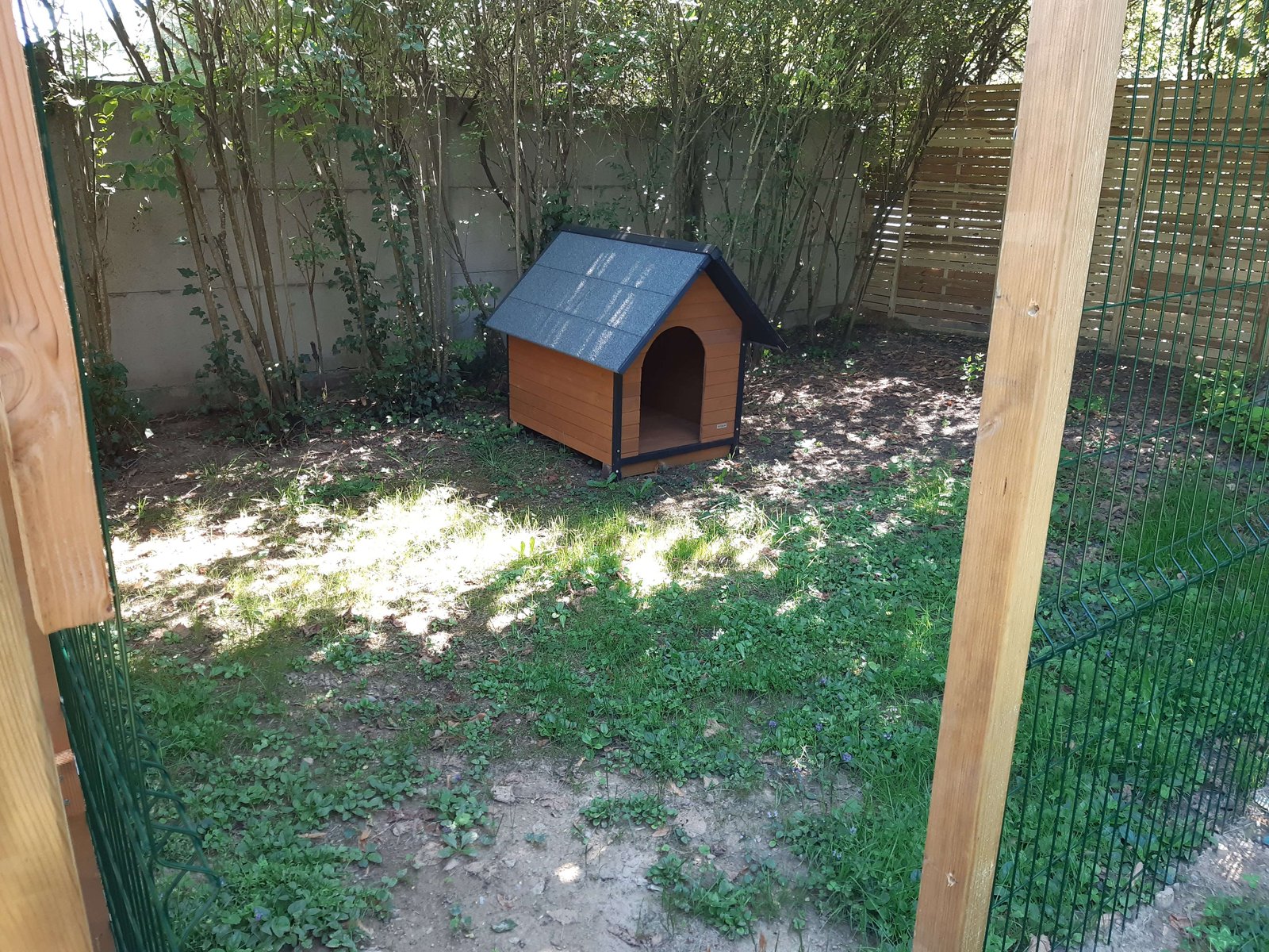 Une niche en bois installée dans un parc extérieur clôturé et ombragé
